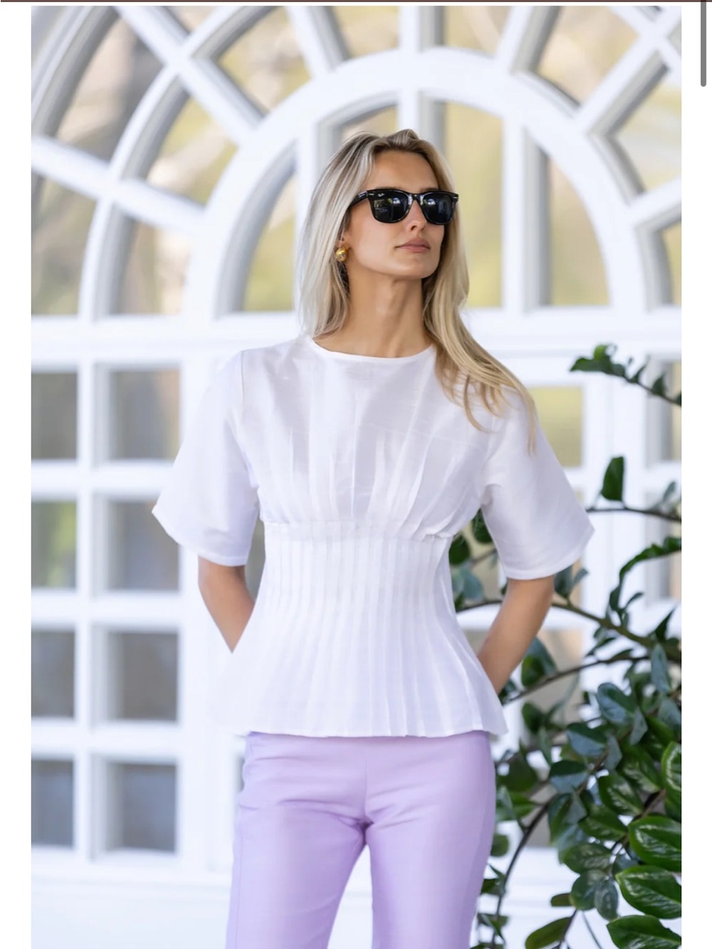 Julia Amory Emma  White Pleated Waist Short-Sleeve Blouse xs silk